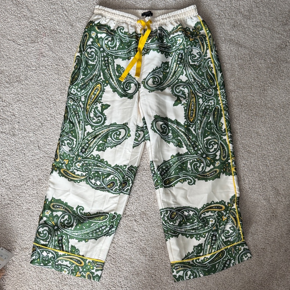 J. Crew Cream and Green Paisley Pants with Yellow Tie